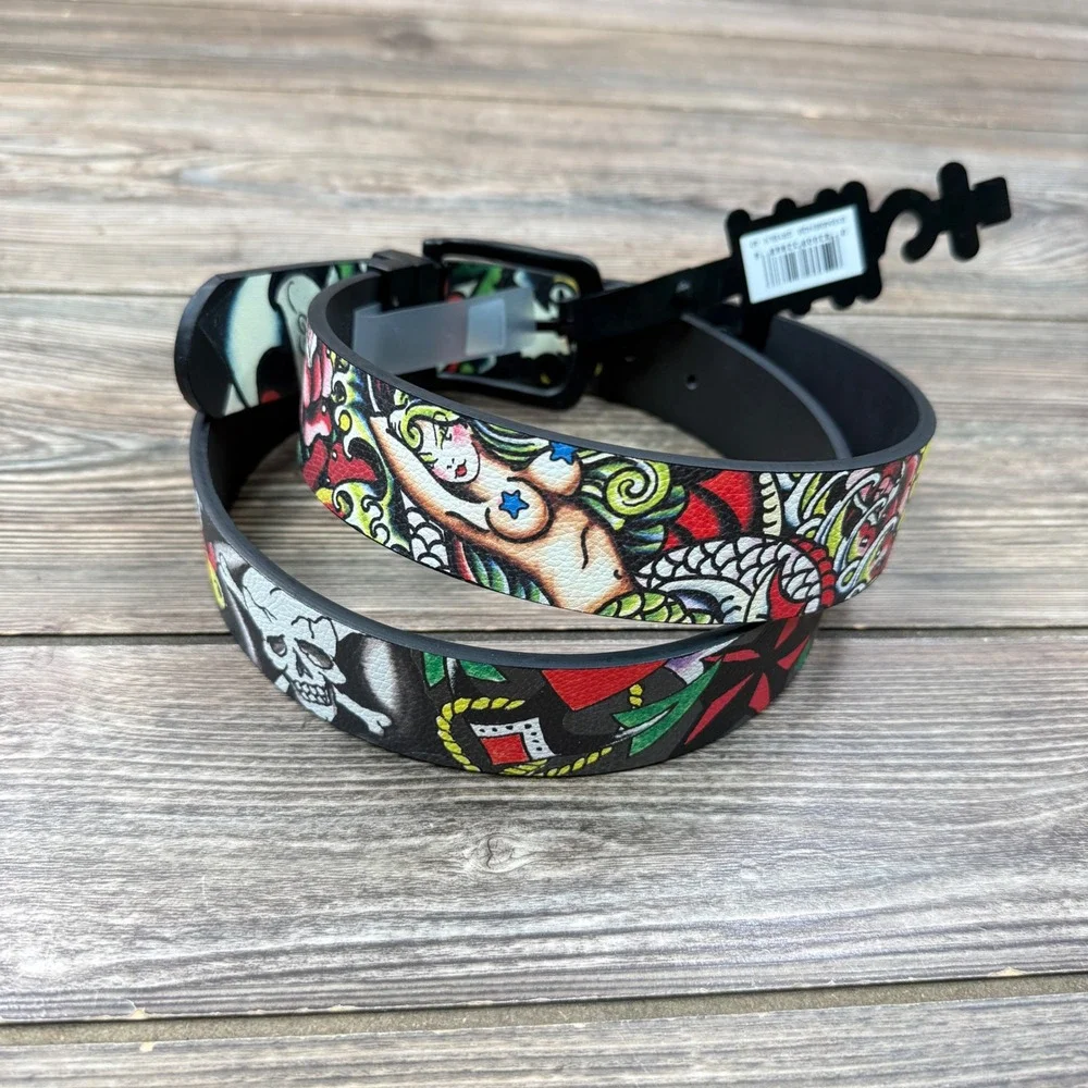 Ed Hardy Mens Size 40 Reversible Belt Grey Black Tattoo Graphic BX95409EHQB New